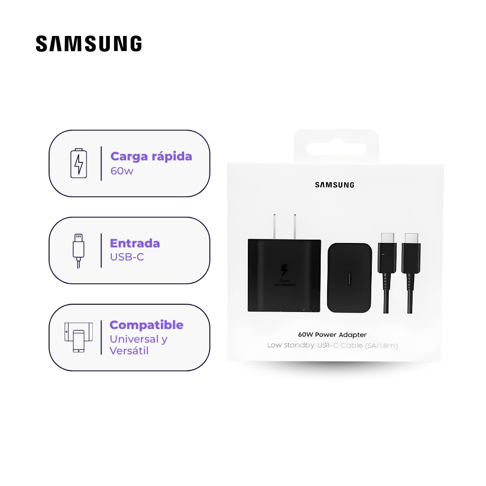CARGADOR SAMSUNG 60W SUPER CARGA RÁPIDA USB-C NEGRO CON CABLE - 1
