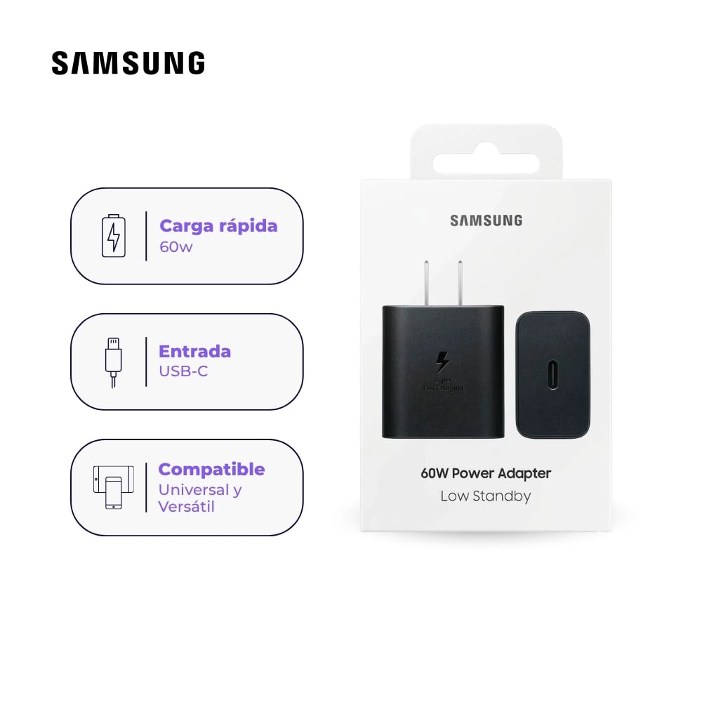 CARGADOR SAMSUNG 60W SUPER CARGA RÁPIDA USB-C NEGRO SIN CABLE - 1