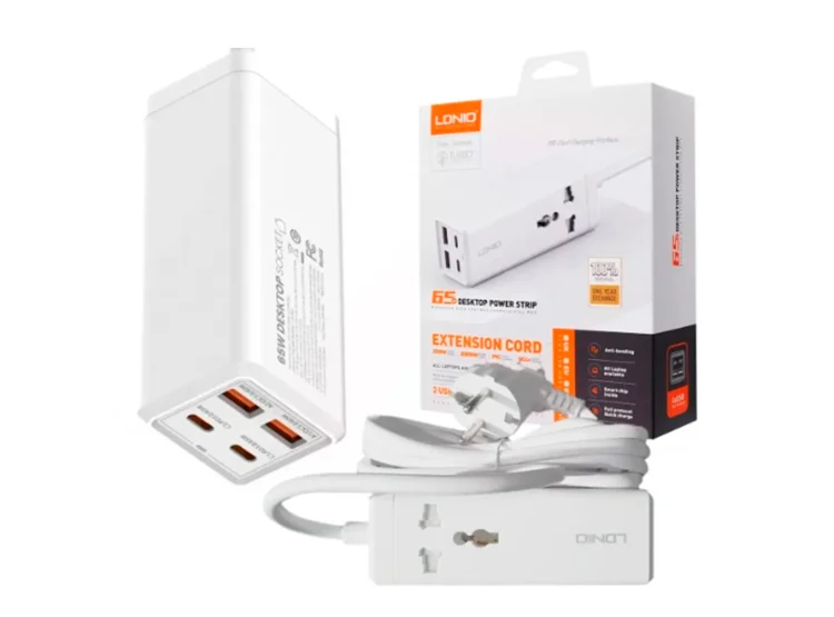 EXTENSIÓN DE ESCRITORIO LDNIO 65W CARGA RÁPIDA SC1418 BLANCO - 1