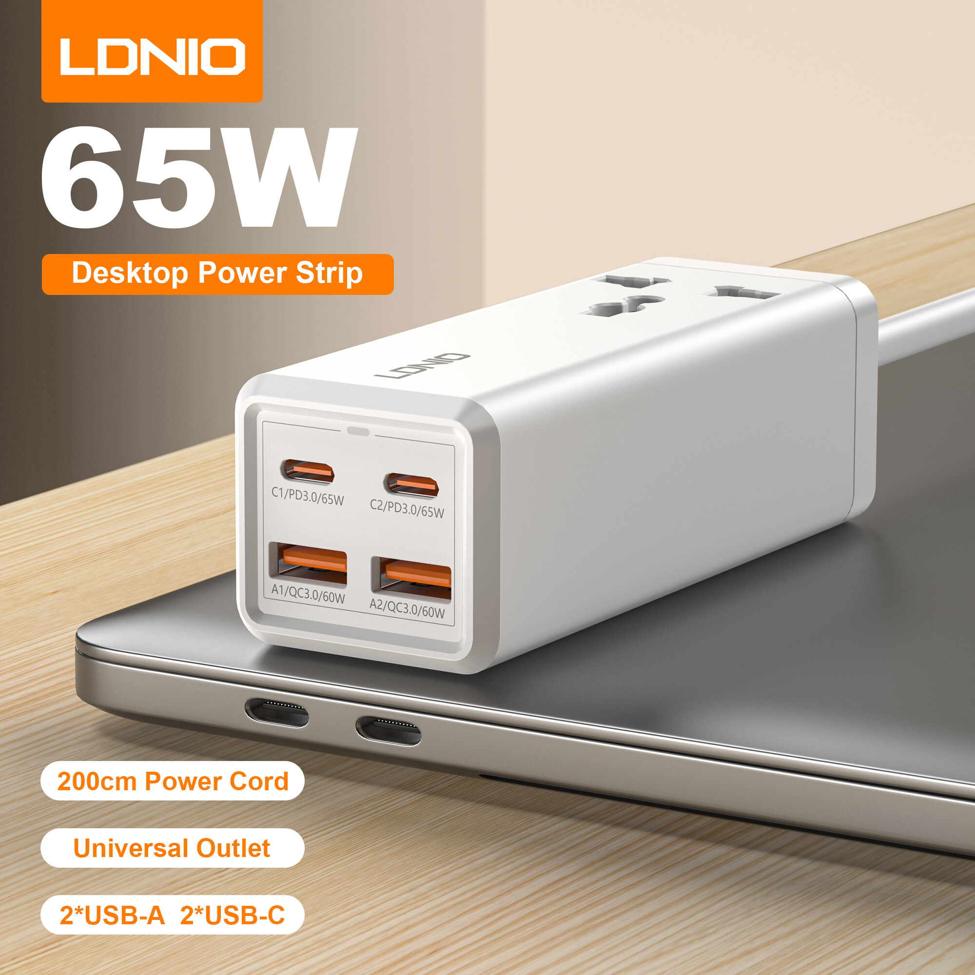 EXTENSIÓN DE ESCRITORIO LDNIO 65W CARGA RÁPIDA SC1418 BLANCO - 3