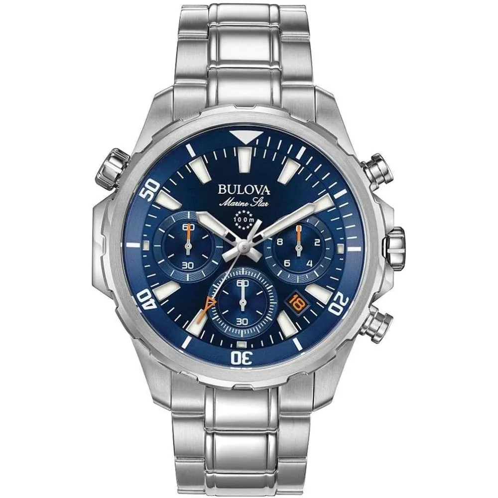 RELOJ BULOVA 96B256 MARINE STAR CRONOGRAFO 100 MTS PLATEADO FONDO AZUL - 1
