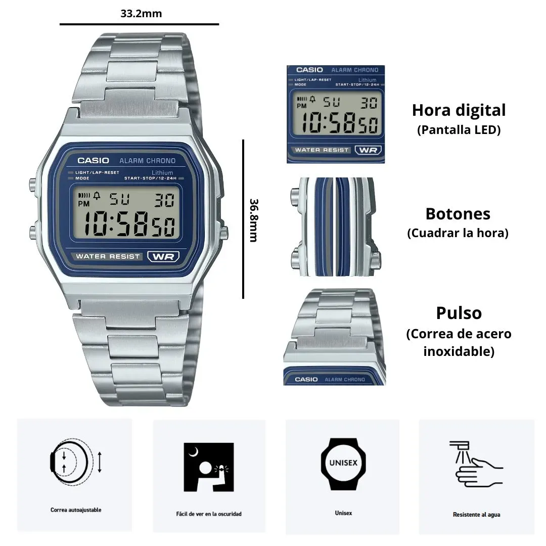 RELOJ CASIO A-158WEA-2D ACERO INOXIDABLE UNISEX CLÁSICO AZUL - 3