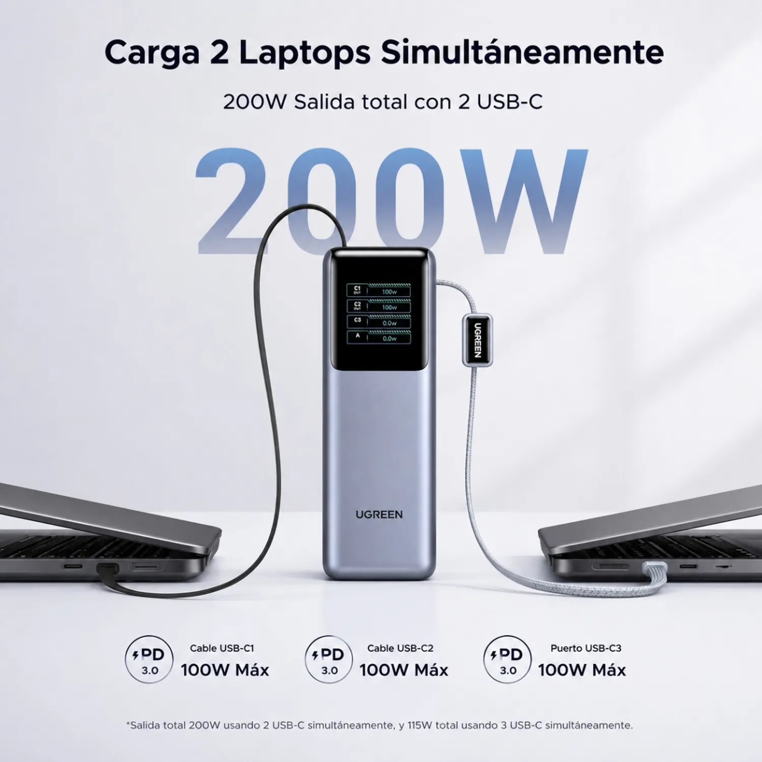UGREEN POWERBANK NEXODE PRO 25000MAH 200W CON 2 CABLE USB-C PB728 - PLATEADO - 4