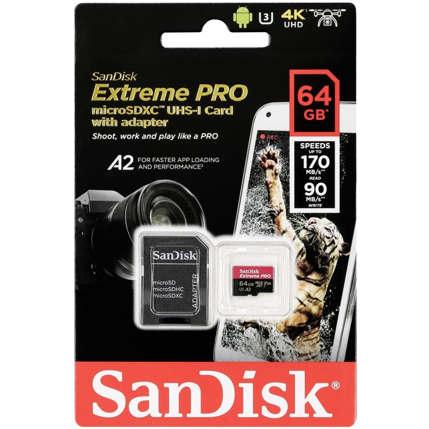MEMORIA MICRO SD SANDISK EXTREME PRO 64GB 4K 170MBS A2 U3 NEGRO - 1