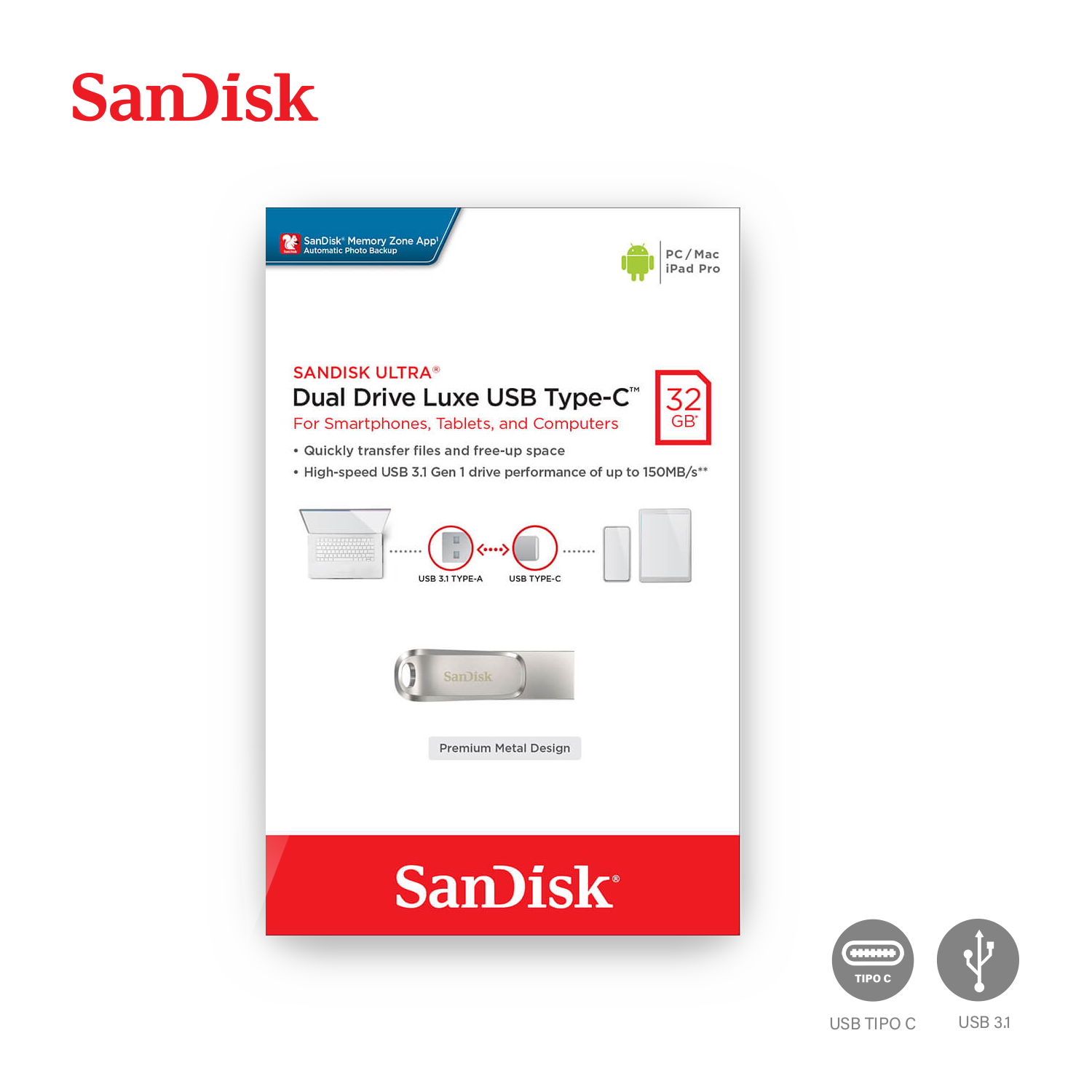 SANDISK MEMORIA USB ULTRA DUAL DRIVE LUXE 32GB 3.1 TIPO C - 1