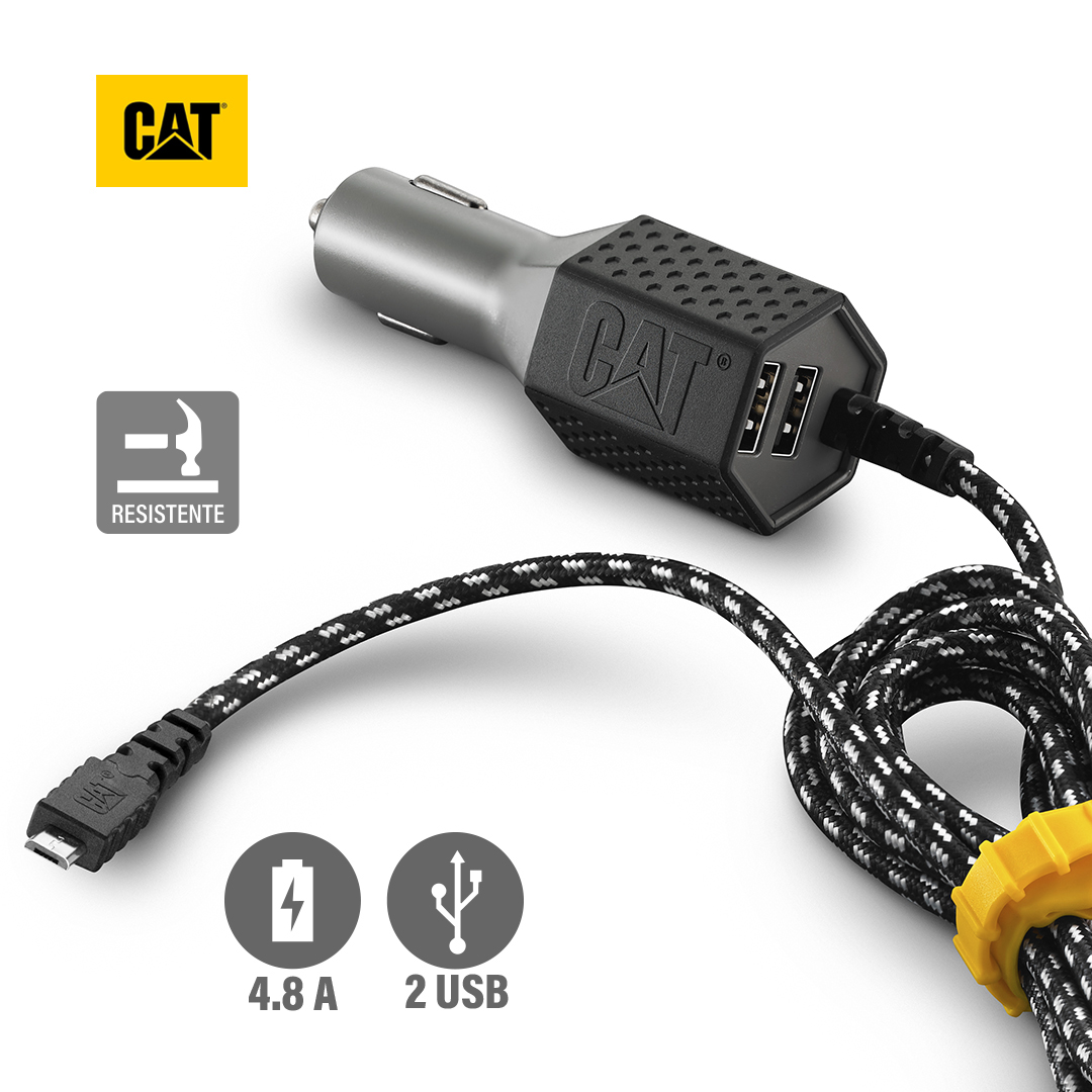 CAT CARGADOR DE AUTO RESISTENTE CON CABLE USB-MICRO USB 4.8A 2 PUERTO - 1