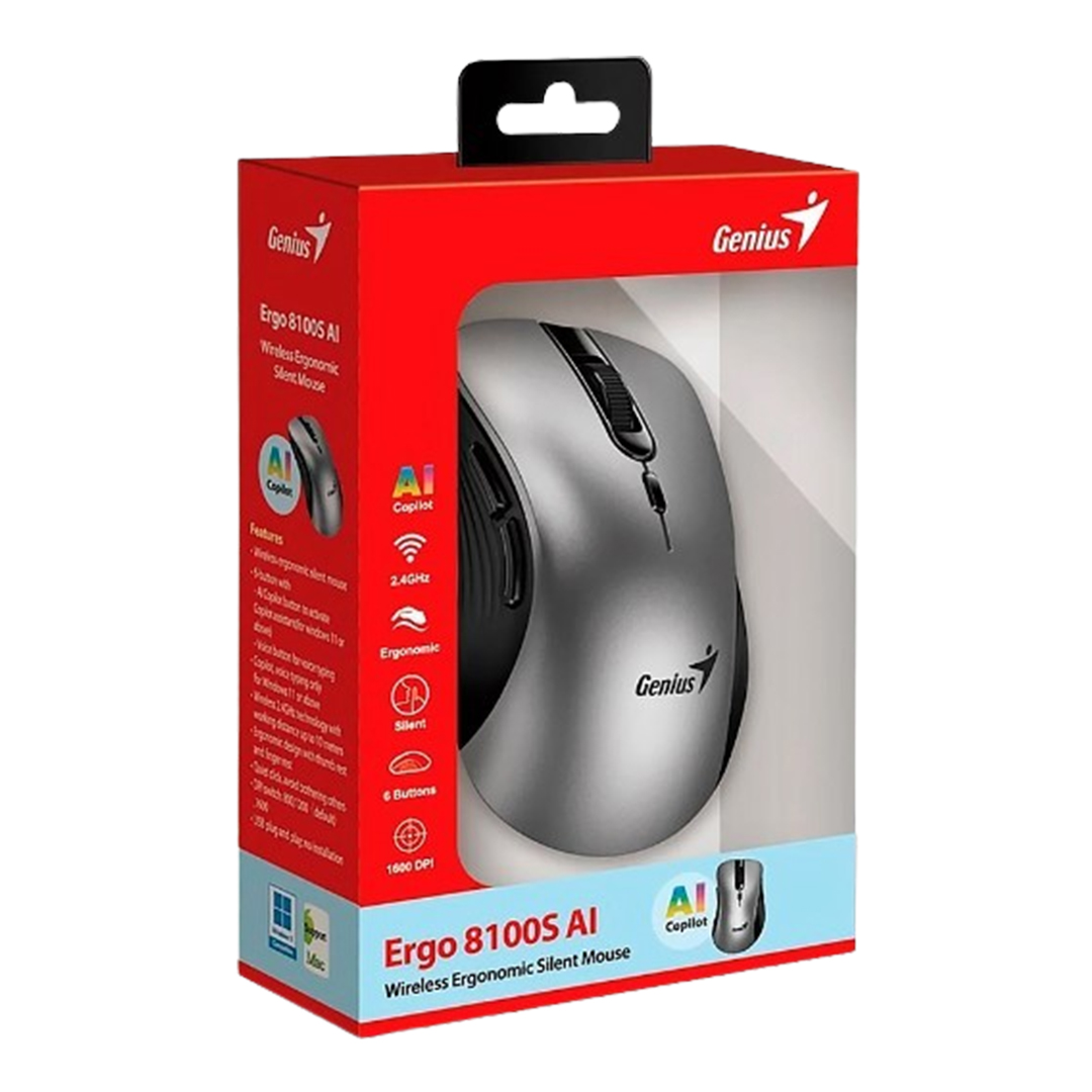 GENIUS MOUSE INALAMBRICO ERGO 8100S AI 6 BOTONES 1600DPI RECEP USB GRIS PLATA - 4