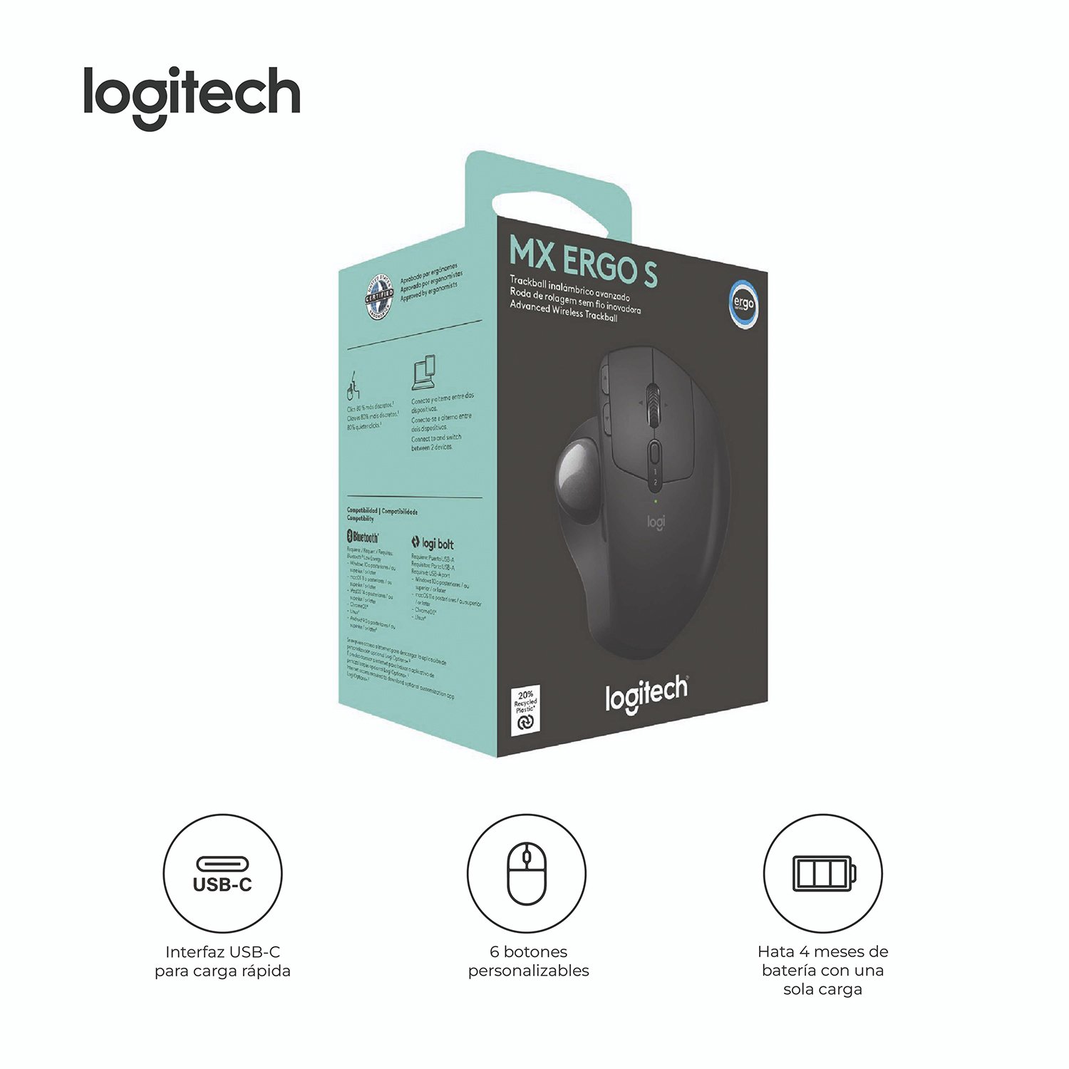 LOGITECH MOUSE MX ERGO S ADVANCED TRACKBALL WIRELESS BOLT  BLUETOOTH - 4