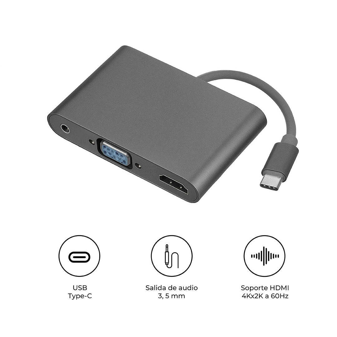 ADAPTADOR TIPO C A HDMI / VGA + AUDIO 3.5MM SM-C7842 GRIS - 1