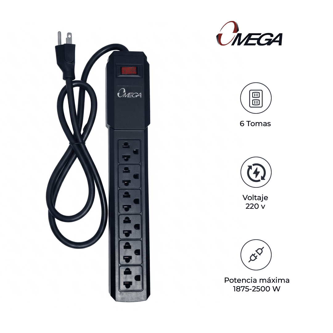 OMEGA SUPRESOR DE PICOS 491124BK 6 TOMAS 1.2M 2500W 220V - 3