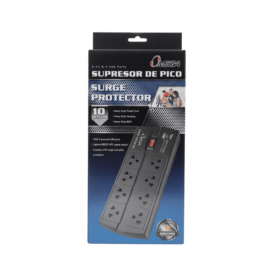 OMEGA SUPRESOR DE PICOS 8 TOMAS Y 2 USB 220V 498844BK NEGRO - 1