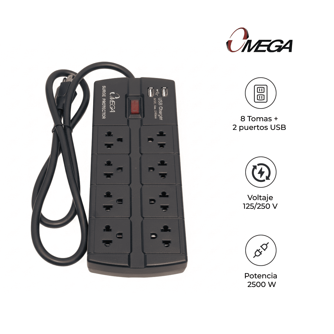 OMEGA SUPRESOR DE PICOS 8 TOMAS Y 2 USB 220V 498844BK NEGRO - 3