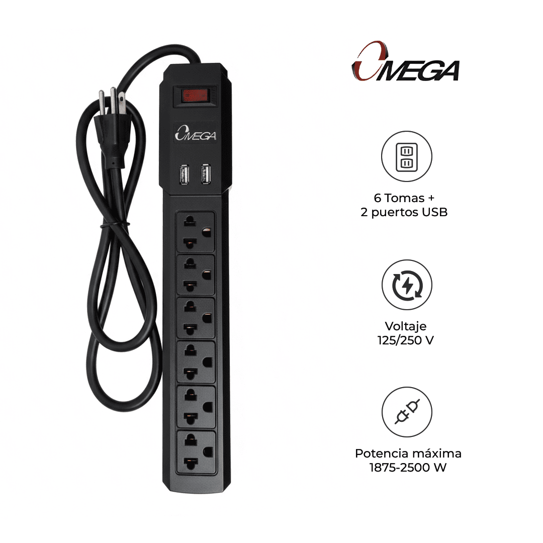 OMEGA SUPRESOR DE PICOS 491144BK 6 TOMAS 2 USB PROTECTOR - 3