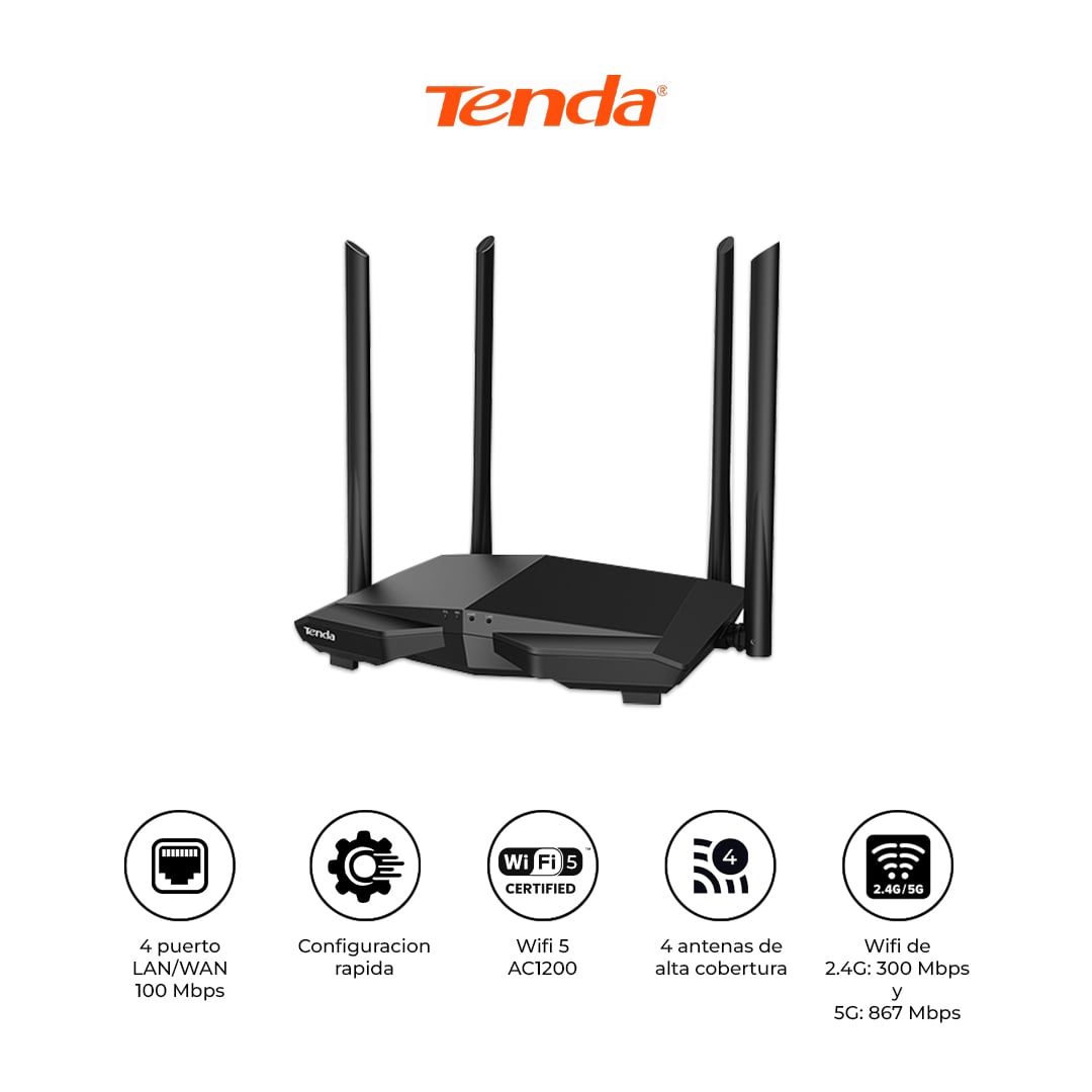 TENDA ROUTER WIFI AC6 AC1200 DOBLE BANDA 4 ANTENAS - 1