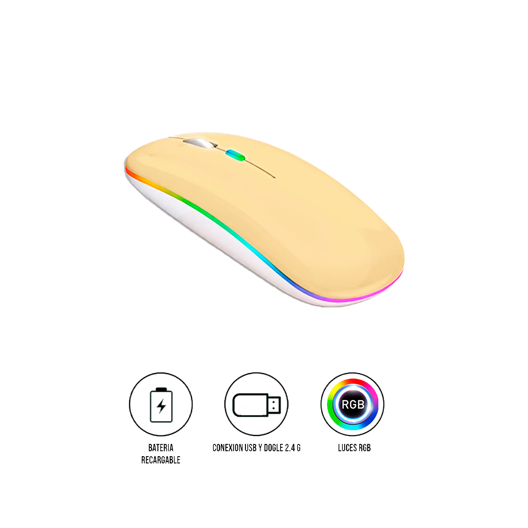 MOUSE INALÁMBRICO RGBM-02 BLUETOOTH 2.4G RGB 1200 DPI AMARILLO PASTEL - 1