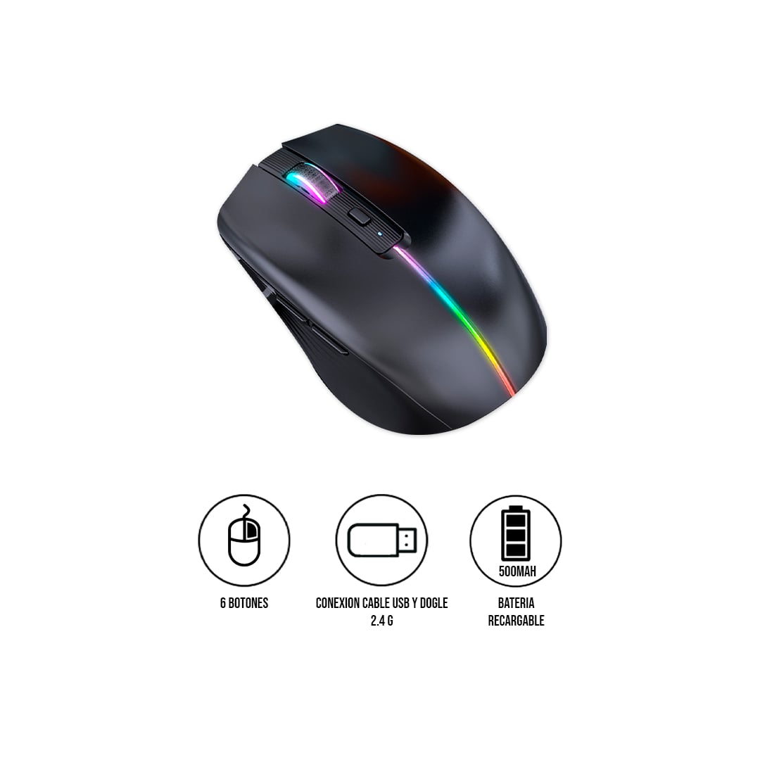 MINI MOUSE INALÁMBRICO RGBM-01 RECARGABLE BT RGB 2.4G NEGRO - 1