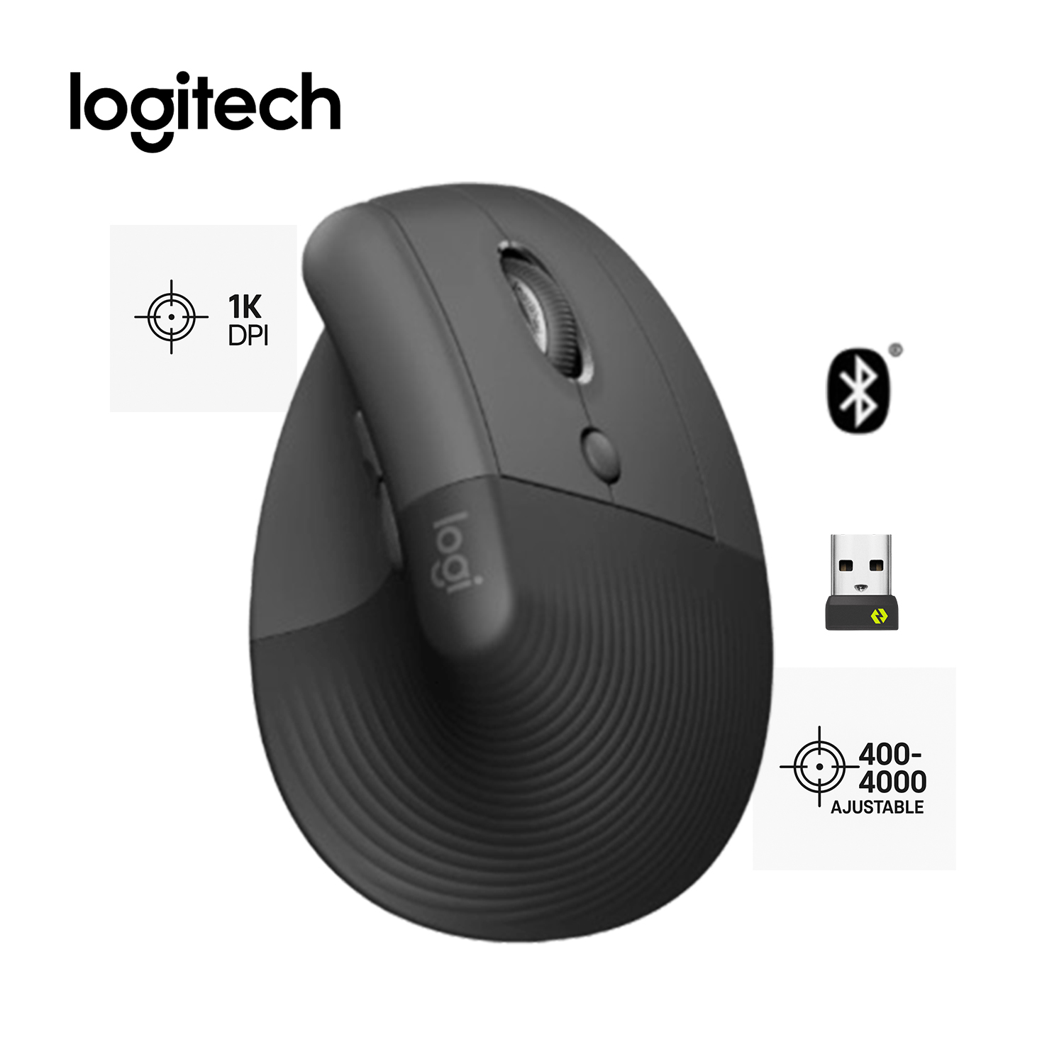 LOGITECH MOUSE VERTICAL LIFT ERGONÓMICO BTH/RECEPTOR USB 6 BOTONES GRAFITO - 8