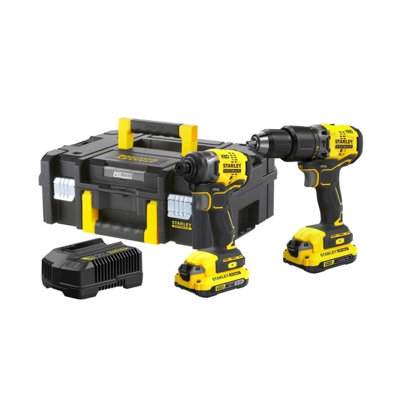 TALADRO IMPACTO 20V + TALADRO PERCUTOR 13MM FATMAX + 2 BATERÍAS 2AH + CARGADOR 2A + MALETA STANLEY - 1