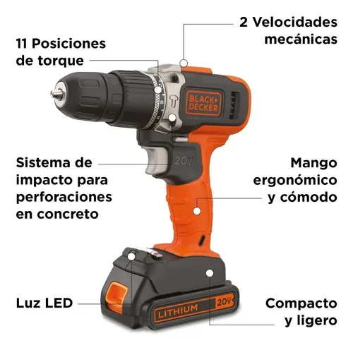 KIT TALADRO PERCUTOR 20V MAX + SET 50 PIEZAS BLACK + DECKER NARANJA 50 HZ / 60 HZ - 4