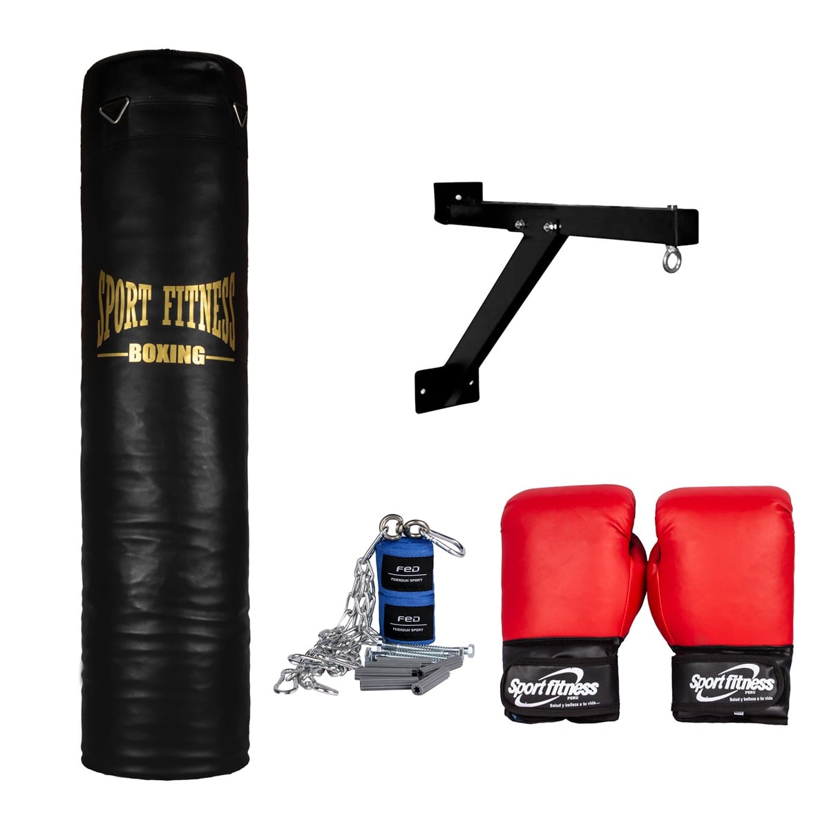 SET SACO BOXEO SPORT FITNESS LLENO LARGO 1.20 M + GUANTES + VENDAS + SOPORTE + CADENA - 1