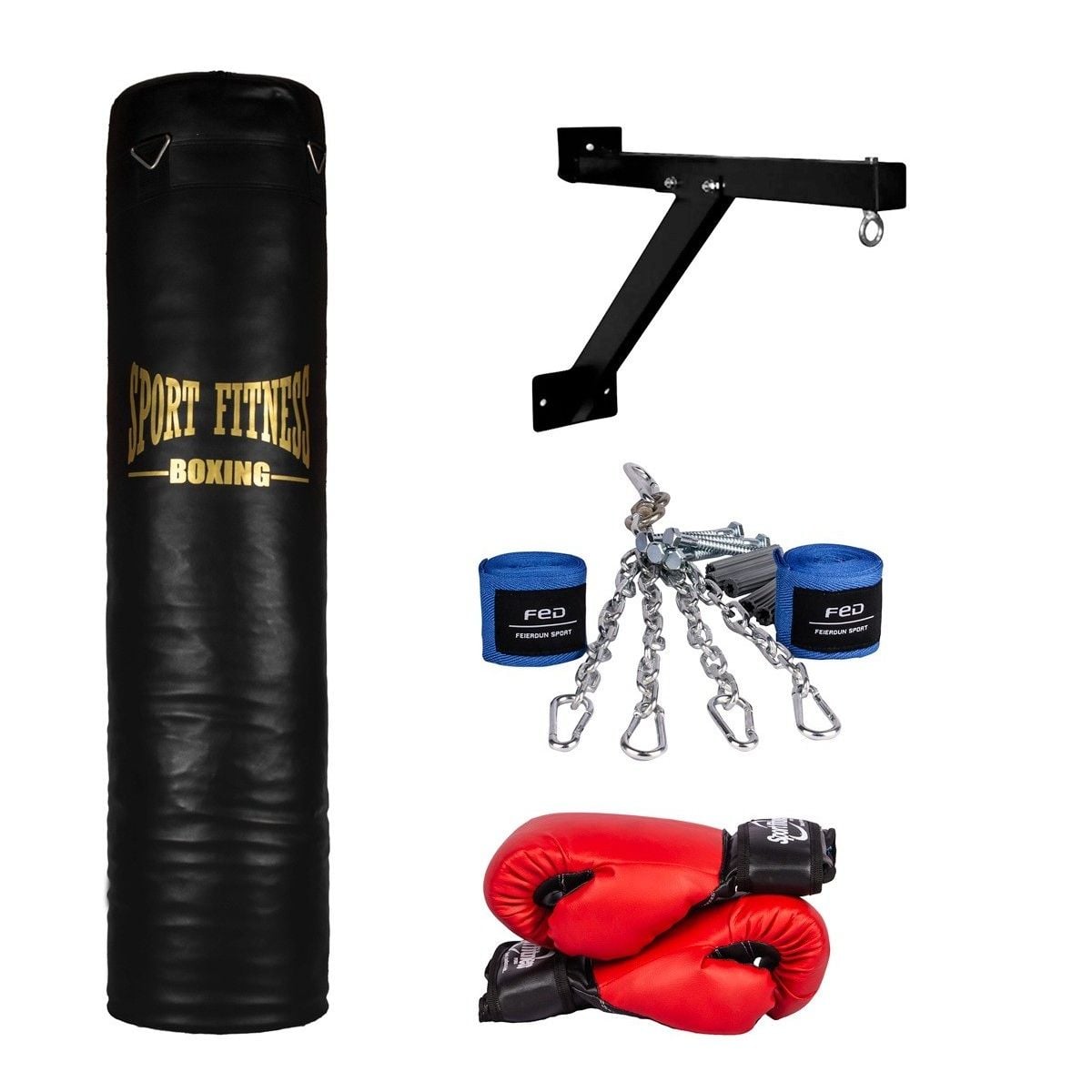 SET SACO BOXEO SPORT FITNESS LLENO LARGO 1.20 M + GUANTES + VENDAS + SOPORTE + CADENA - 2