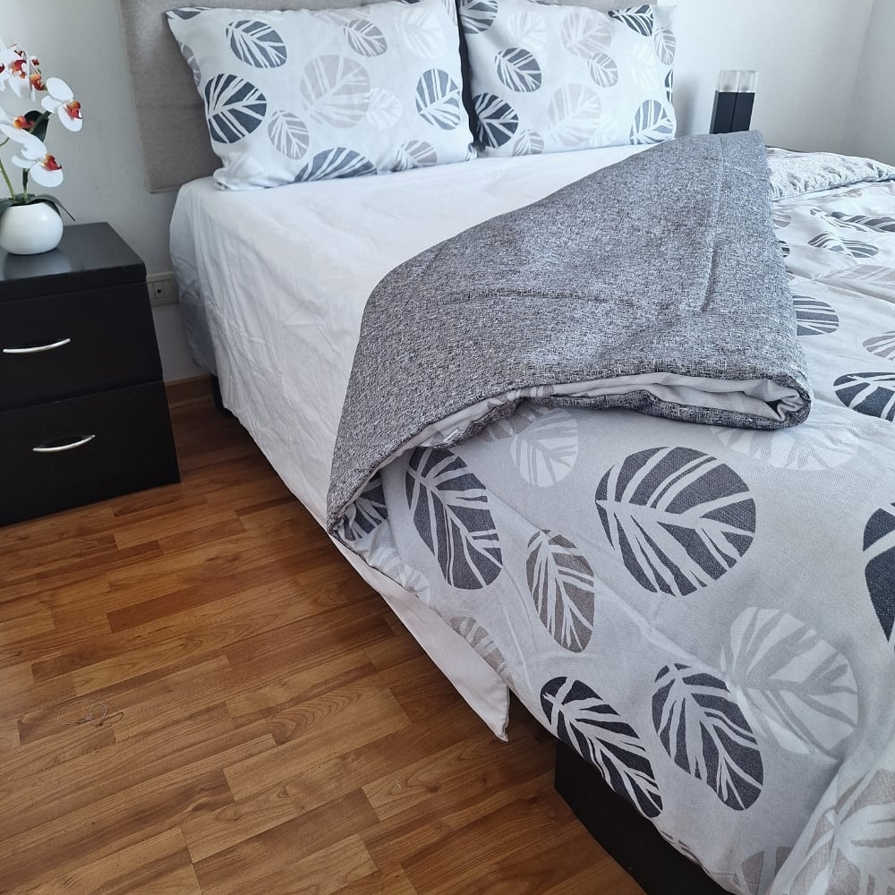 EDREDÓN LUJO 2 PLAZAS LINO GRIS CLARO ESTAMPADOS REVERSIBLE HOJAS - 2