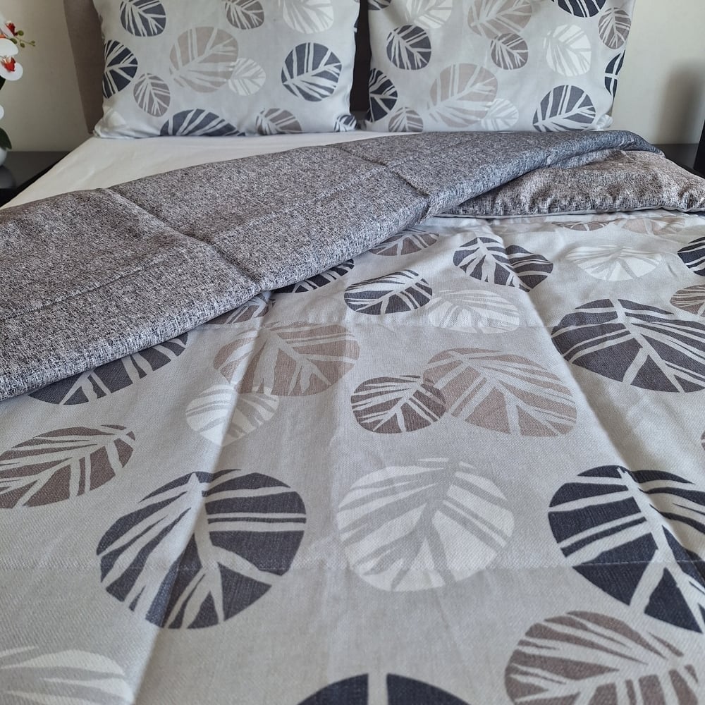 EDREDÓN LUJO 2 PLAZAS LINO GRIS CLARO ESTAMPADOS REVERSIBLE HOJAS - 3