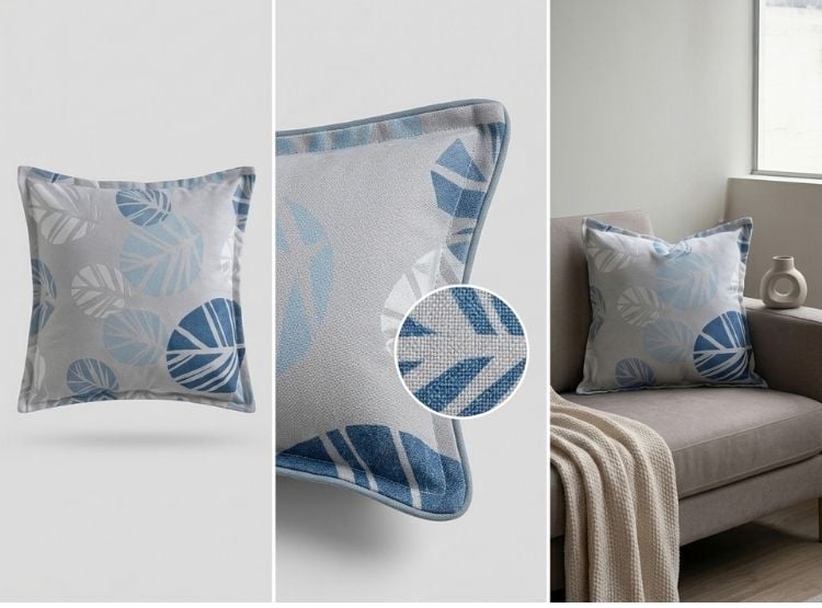COJIN LUJO 50 CM X 50 CM GRIS CLARO ESTAMPADO HOJAS CELESTE UNIDAD - 4