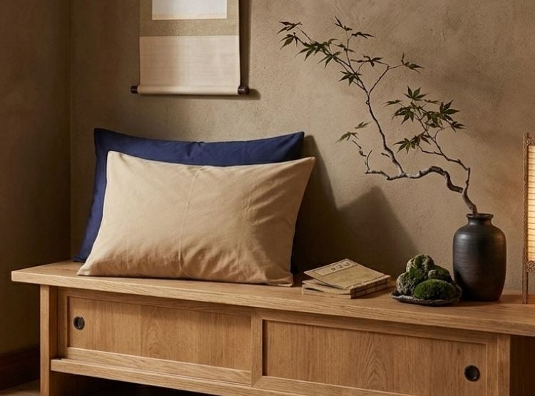 FUNDA DE ALMOHADA LUJO 144 HILOS 50 CM X 70 CM BEIGE Y AZUL SET X 2 - 5