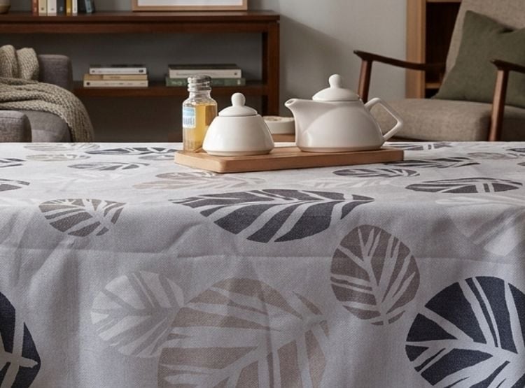 MANTEL DE MESA LUJO 130 CM X 320 CM GRIS CLARO ESTAMPADO HOJAS GRIS - 1