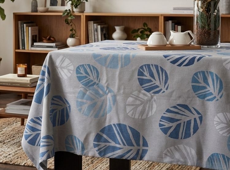 MANTEL DE MESA LUJO 130 CM X 320 CM GRIS CLARO ESTAMPADO HOJAS CELESTE - 1