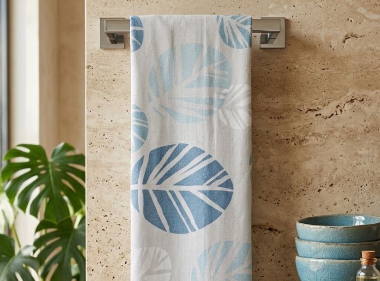 MANTEL DE MESA LUJO 130 CM X 320 CM GRIS CLARO ESTAMPADO HOJAS CELESTE - 2