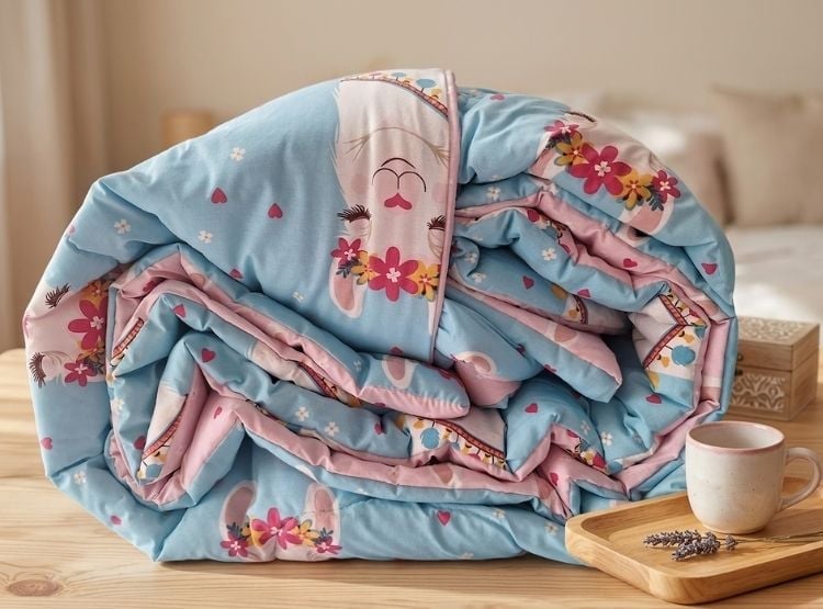 EDREDÓN LUJO 1.5 PLAZAS CELESTE ESTAMPADO REVERSIBLE CON JUEGO DE SÁBANAS 5 PIEZAS - 2