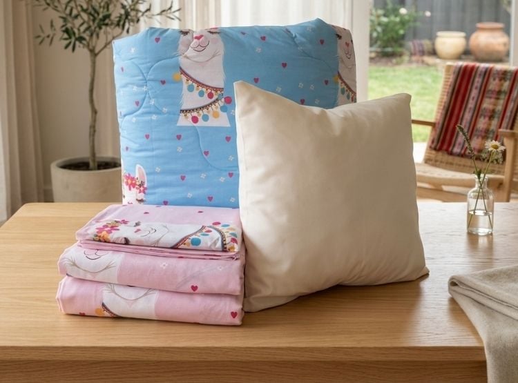 EDREDÓN LUJO 1.5 PLAZAS CELESTE ESTAMPADO REVERSIBLE CON JUEGO DE SÁBANAS 5 PIEZAS - 4