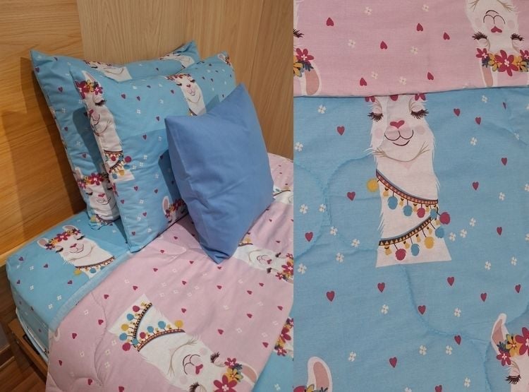 EDREDÓN LUJO 1.5 PLAZAS CELESTE ESTAMPADO REVERSIBLE CON JUEGO DE SÁBANAS 5 PIEZAS - 5