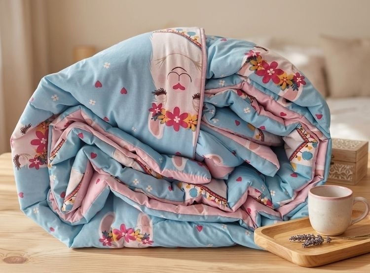 EDREDÓN LUJO 1.5 PLAZAS CELESTE ESTAMPADO REVERSIBLE CON JUEGO DE SÁBANAS 5 PIEZAS - 2