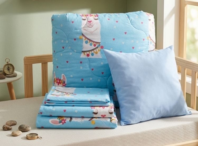 EDREDÓN LUJO 1.5 PLAZAS CELESTE ESTAMPADO REVERSIBLE CON JUEGO DE SÁBANAS 5 PIEZAS - 4
