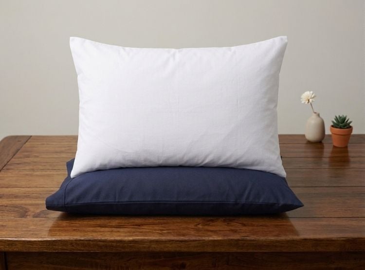 FUNDA ALMOHADA LUJO 144 HILOS 50 CM X 70 CM BLANCO Y AZUL MARINO SET X 2 UNIDADES - 1