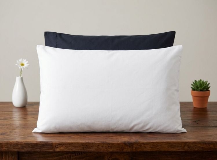 FUNDA ALMOHADA LUJO 144 HILOS 50 CM X 70 CM BLANCO Y AZUL MARINO SET X 2 UNIDADES - 2