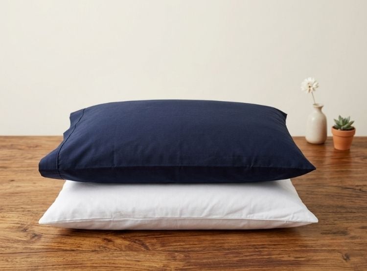 FUNDA ALMOHADA LUJO 144 HILOS 50 CM X 70 CM BLANCO Y AZUL MARINO SET X 2 UNIDADES - 3