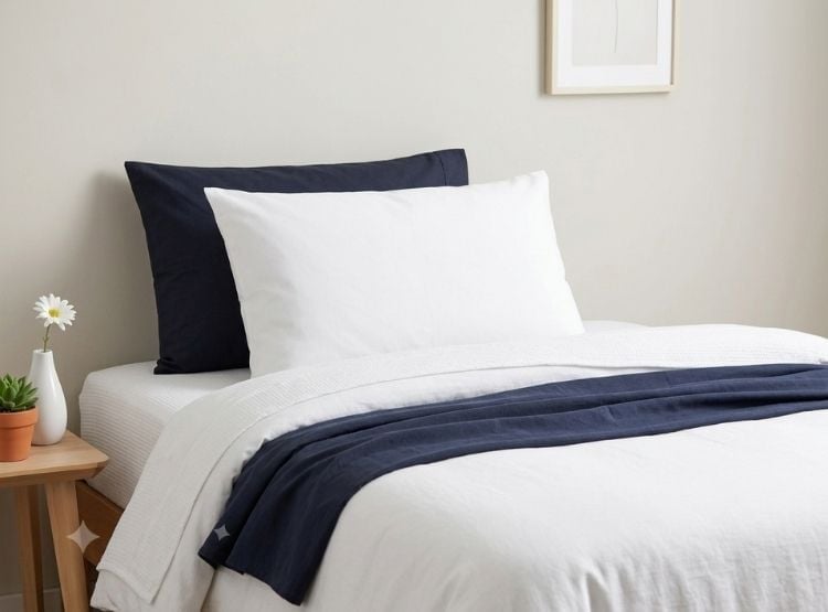 FUNDA ALMOHADA LUJO 144 HILOS 50 CM X 70 CM BLANCO Y AZUL MARINO SET X 2 UNIDADES - 5