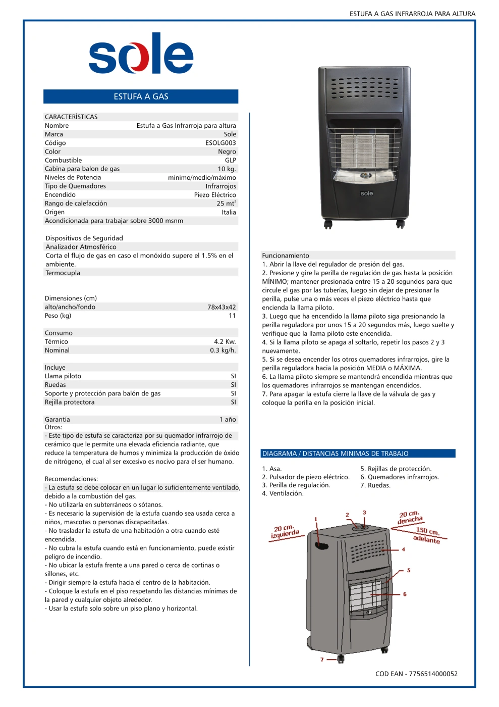 ESTUFA A GAS SOLE INFRARROJA GLP 4200W P/ALTURA - 7