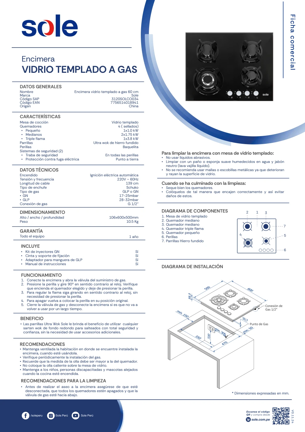 COCINA A GAS SOLE EMPOTRABLE 4 QUEMADORES SOLCO034 + HORNO CONVECTOR A GAS SOLHO007 - 10