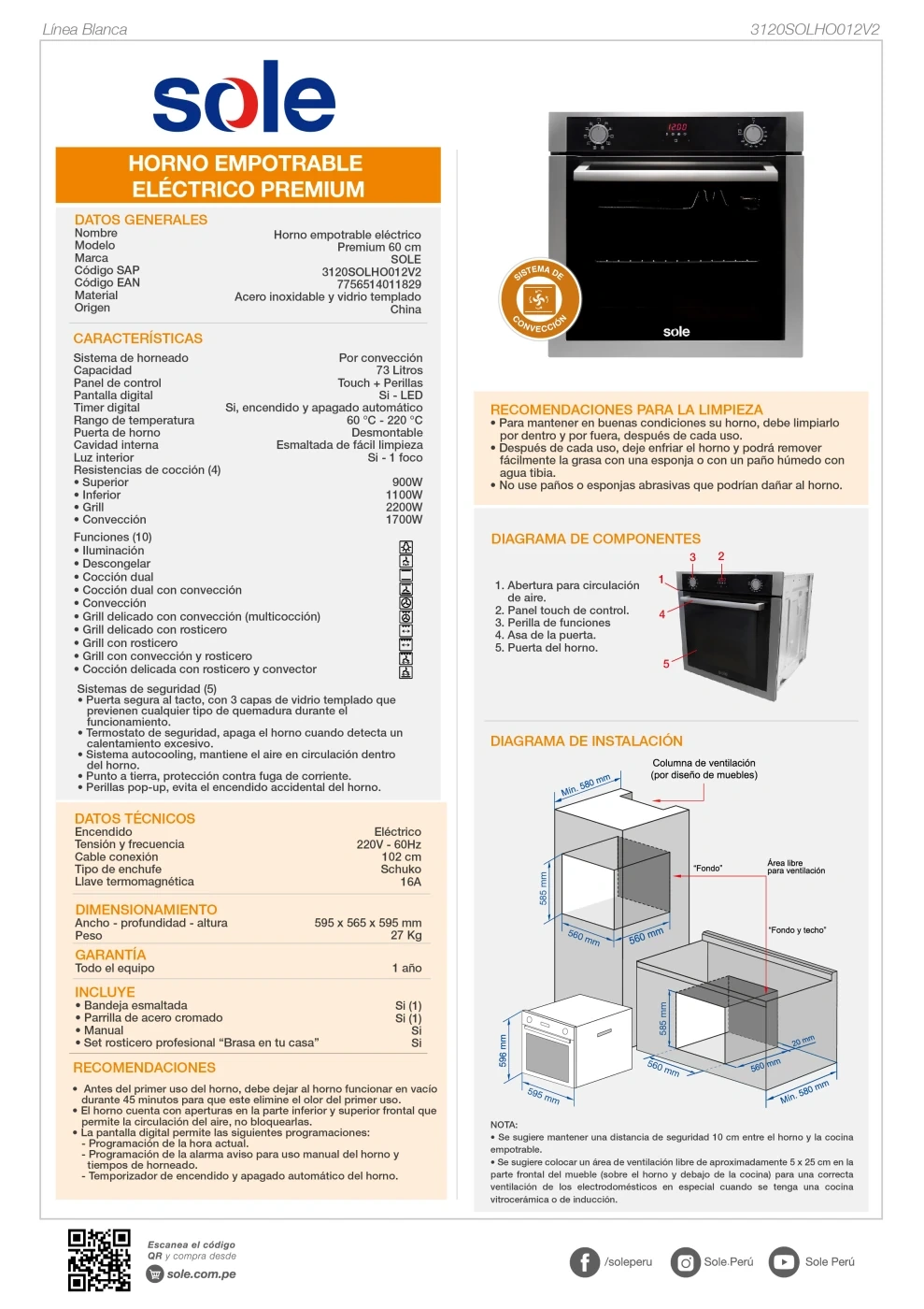 COMBO SOLE COCINA SOLCO041 + CAMPANA EXTRACTORA TURE63CO + HORNO SOLHO012 - 14