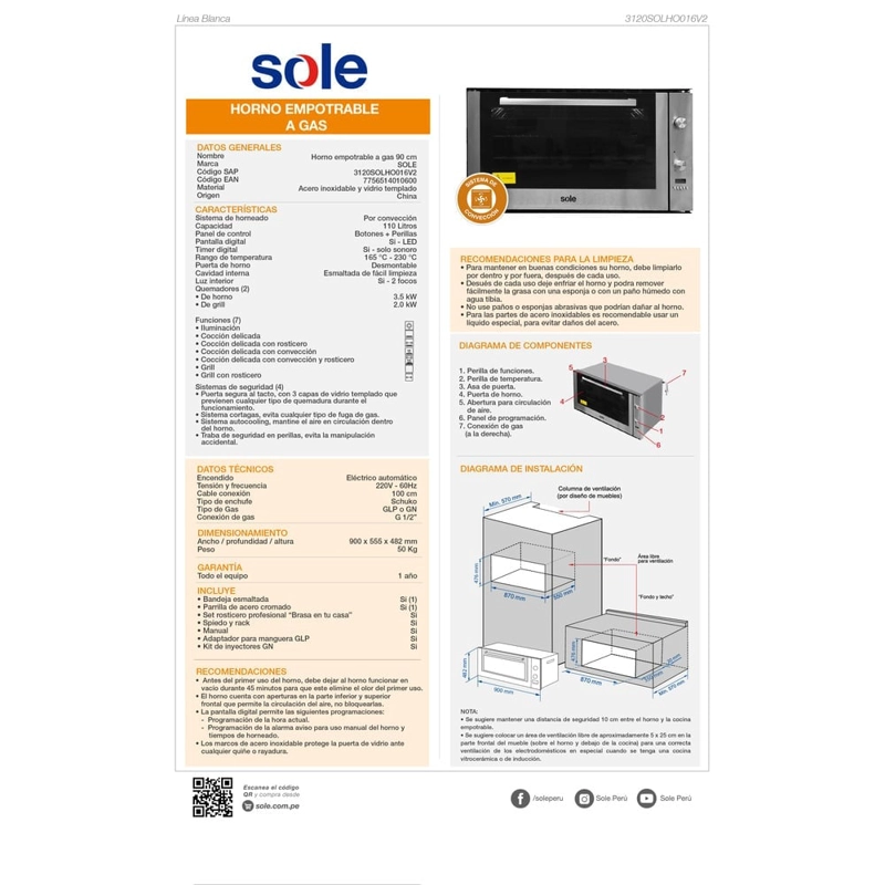 HORNO EMPOTRABLE GAS SOLE 3120SOLHO016V2 110L - 7