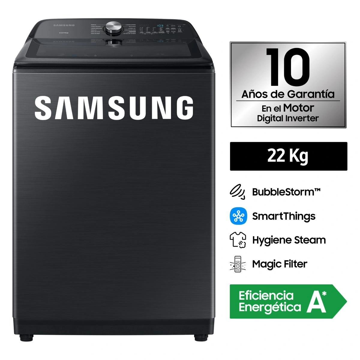 LAVADORA SAMSUNG 22 KG CARGA SUPERIOR BUBBLE SMART WA22A8377GV/PE NEGRO - 1