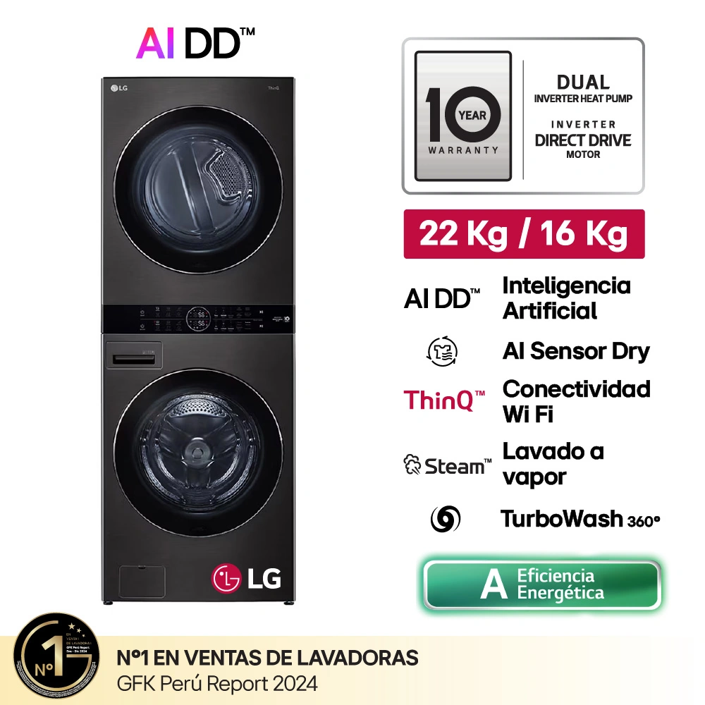 CENTRO DE LAVADO LG CARGA FRONTAL 22KG/16KG WK22BS6 AI DD NEGRO ACERO - 1