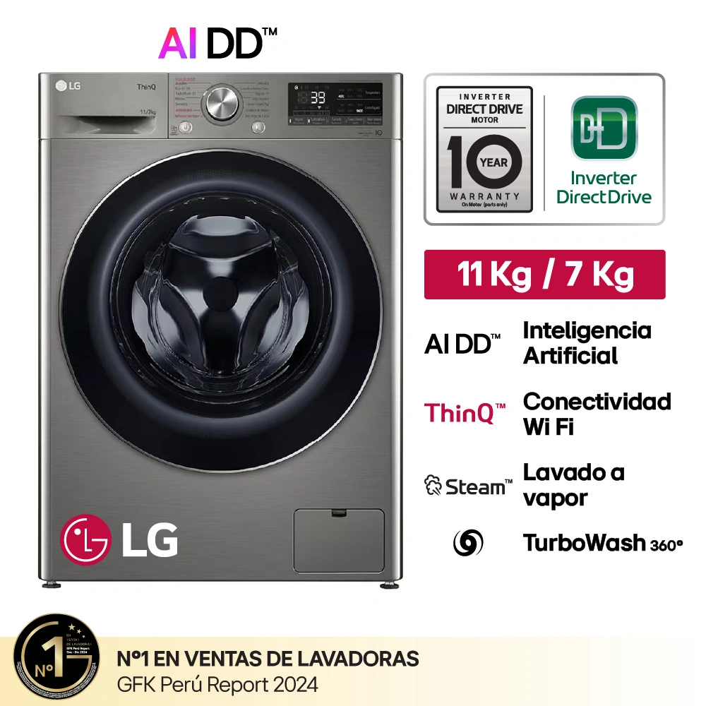 LAVASECA LG CARGA FRONTAL 11/7KG WD11PVC3S6 AI DD INTELIGENCIA ARTIFICIAL PLATEADO - 1