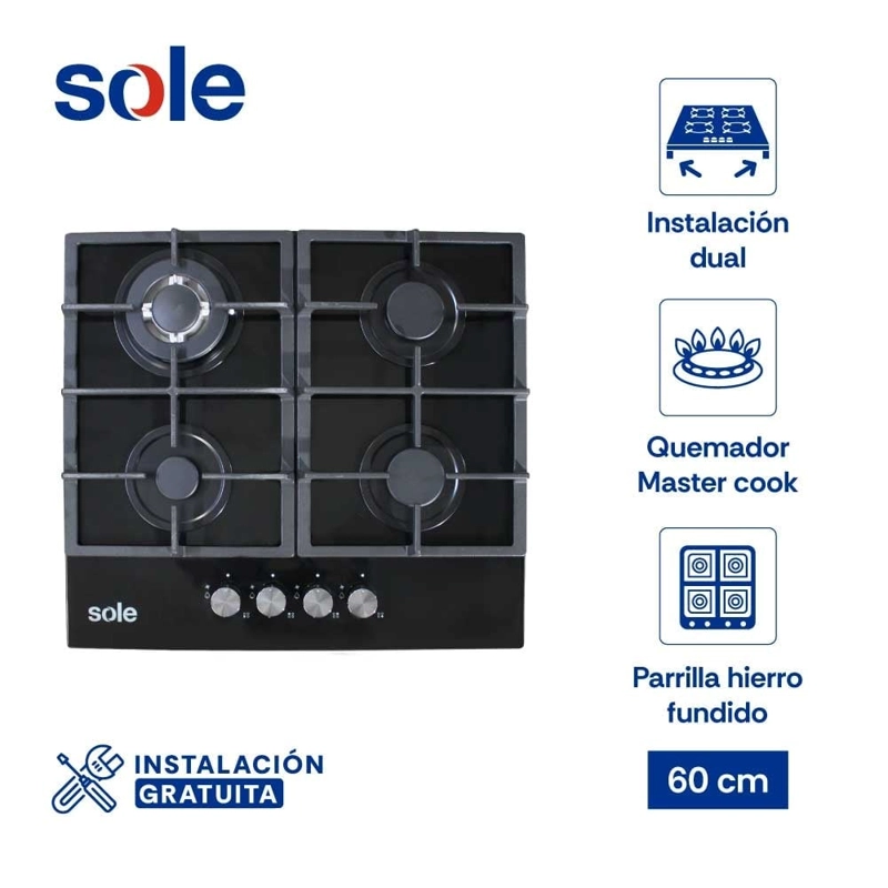 ENCIMERA EMPOTRABLE A GAS GLP/GN SOLE 4 HORNILLAS SOLCO045V2 VIDRIO - 1