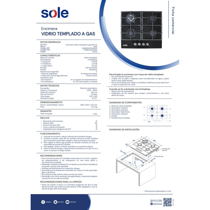 ENCIMERA EMPOTRABLE A GAS GLP/GN SOLE 4 HORNILLAS SOLCO045V2 VIDRIO - 7